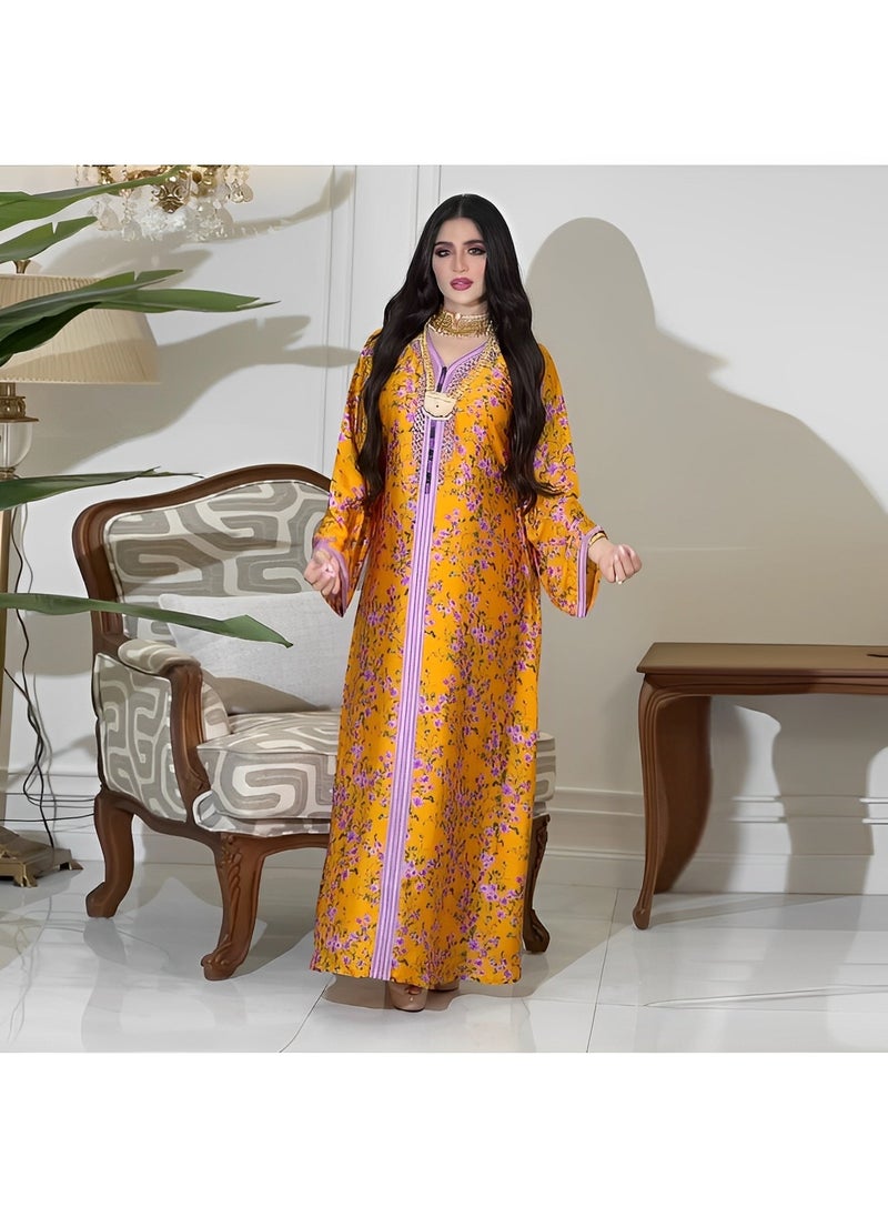 REOCLE Women's Muslim Abaya Dress One-Piece V Neck Bronzing Dress Islamic Full Length Kaftan Daily Casual Dress  - Image 4