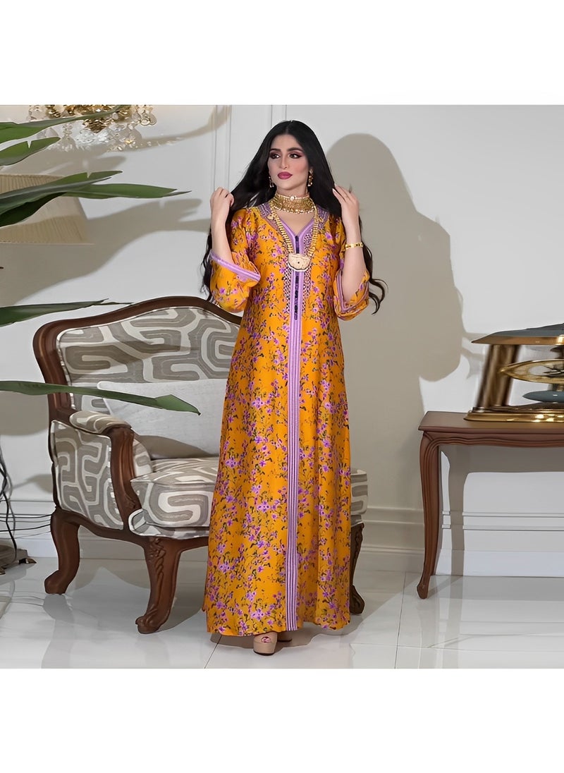 REOCLE Women's Muslim Abaya Dress One-Piece V Neck Bronzing Dress Islamic Full Length Kaftan Daily Casual Dress  - Image 3