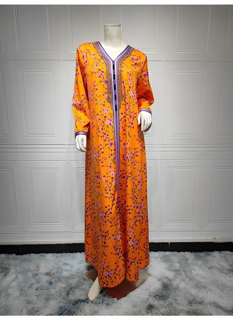 REOCLE Women's Muslim Abaya Dress One-Piece V Neck Bronzing Dress Islamic Full Length Kaftan Daily Casual Dress  - Image 5
