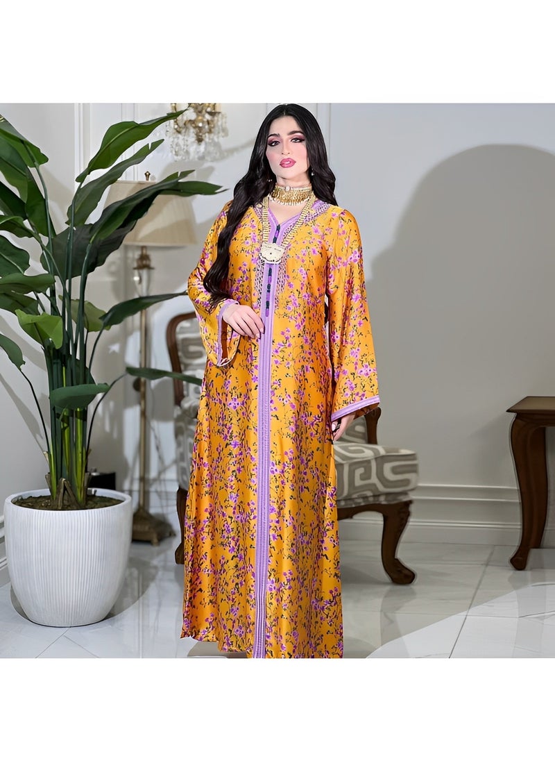 REOCLE Women's Muslim Abaya Dress One-Piece V Neck Bronzing Dress Islamic Full Length Kaftan Daily Casual Dress  - Image 2