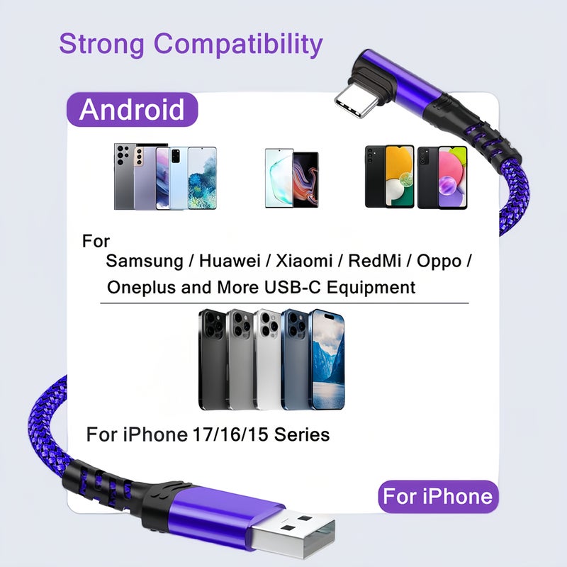 Fast Charging Type C Cable Right Angle USB A to C 9.9FT Braided Pink 2 Pcs - Image 5