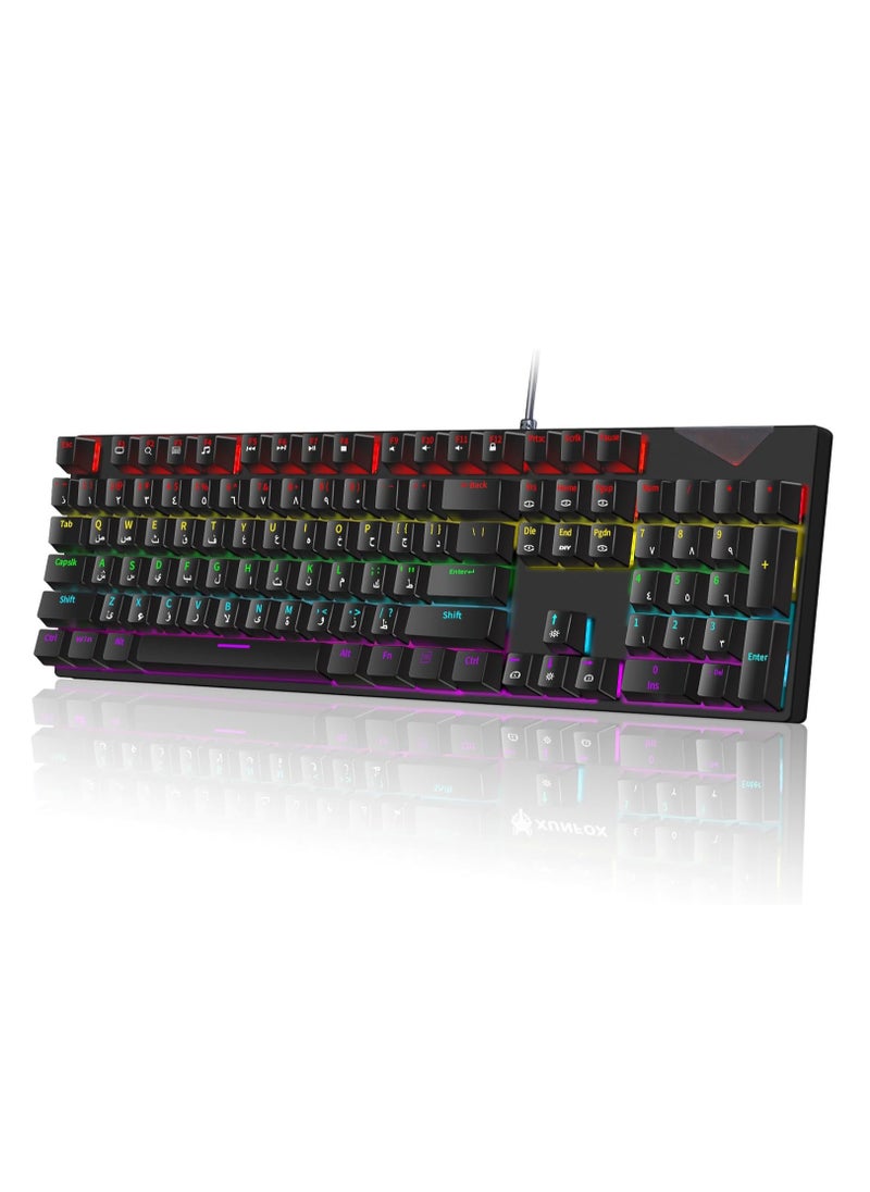Generic - English Arabic Mechanical Gaming Keyboard with LED Backlit, 104 Keys Quick Response USB Interface E-sport Waterproof Wired Keyboard for Windows/MacOS/Android PC Gamers - Black - Image 1