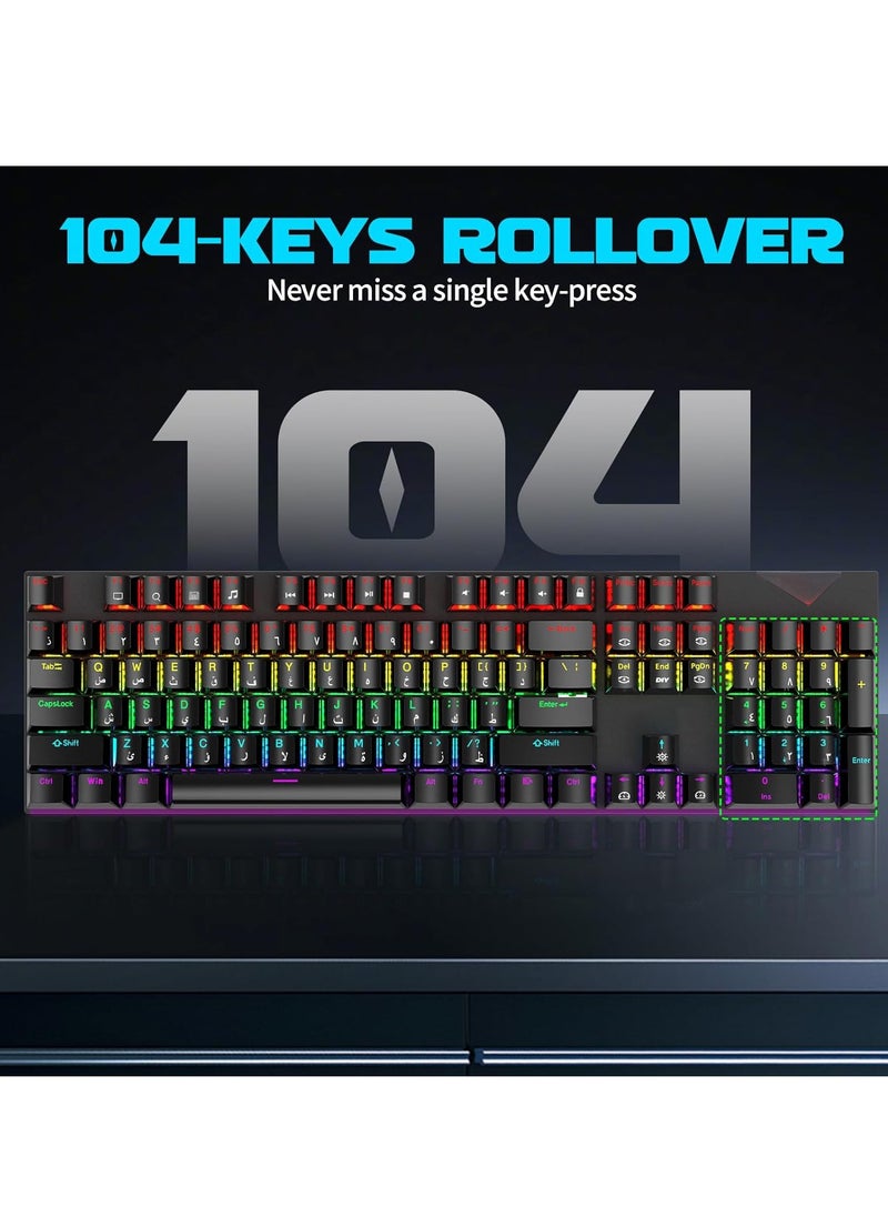 Generic - English Arabic Mechanical Gaming Keyboard with LED Backlit, 104 Keys Quick Response USB Interface E-sport Waterproof Wired Keyboard for Windows/MacOS/Android PC Gamers - Black - Image 1
