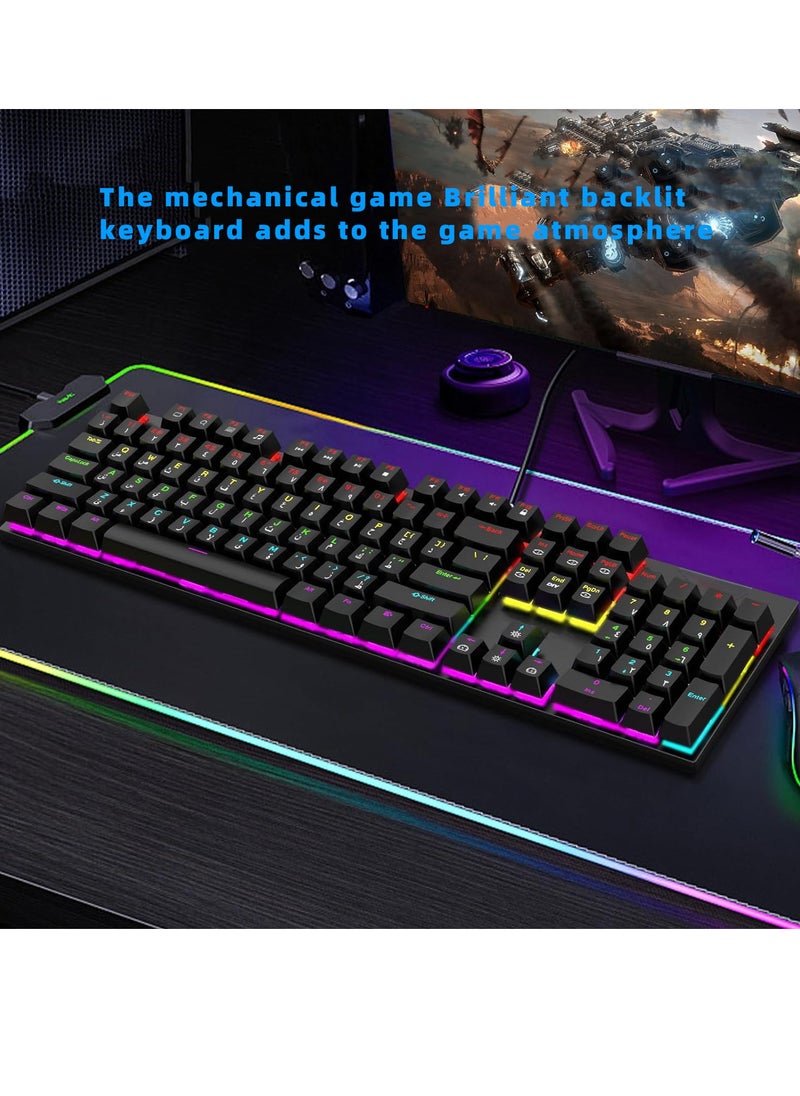 Generic - English Arabic Mechanical Gaming Keyboard with LED Backlit, 104 Keys Quick Response USB Interface E-sport Waterproof Wired Keyboard for Windows/MacOS/Android PC Gamers - Black - Image 1