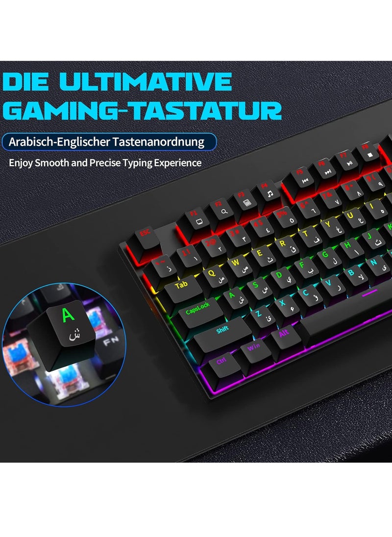 Generic - English Arabic Mechanical Gaming Keyboard with LED Backlit, 104 Keys Quick Response USB Interface E-sport Waterproof Wired Keyboard for Windows/MacOS/Android PC Gamers - Black - Image 1
