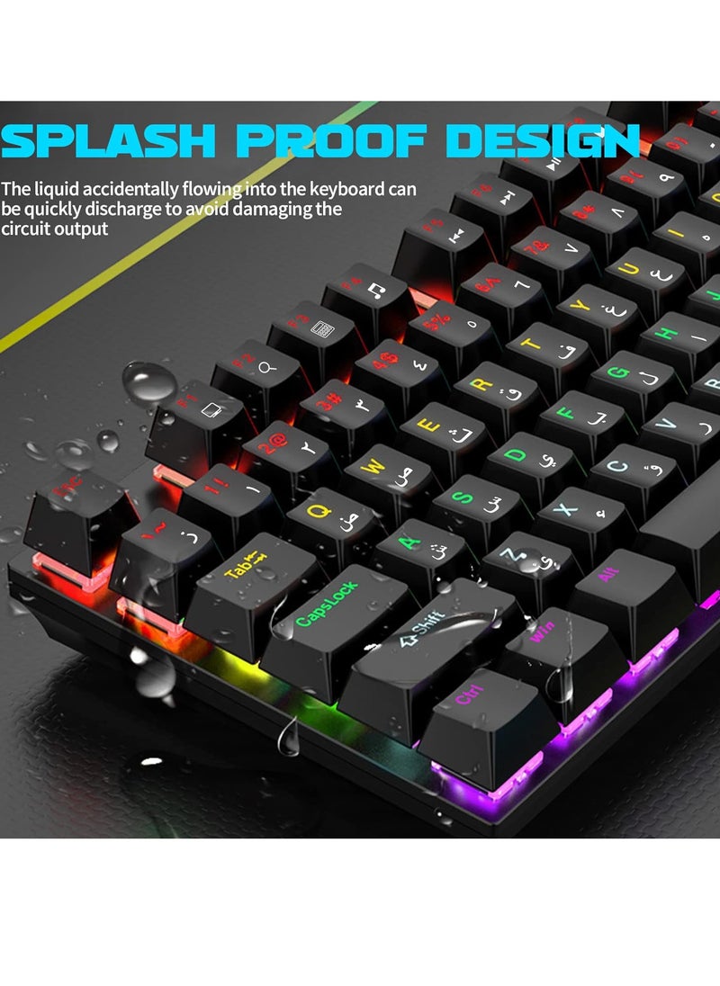 Generic - English Arabic Mechanical Gaming Keyboard with LED Backlit, 104 Keys Quick Response USB Interface E-sport Waterproof Wired Keyboard for Windows/MacOS/Android PC Gamers - Black - Image 1