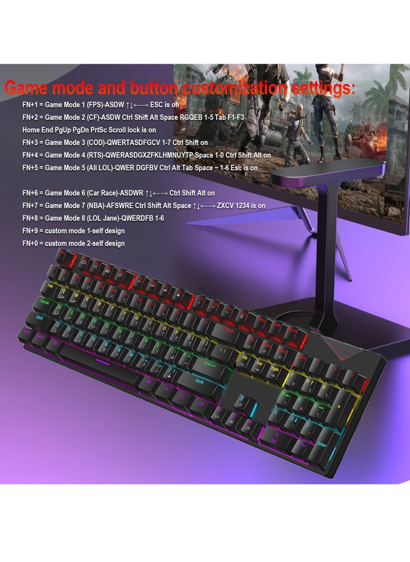 Generic - English Arabic Mechanical Gaming Keyboard with LED Backlit, 104 Keys Quick Response USB Interface E-sport Waterproof Wired Keyboard for Windows/MacOS/Android PC Gamers - Black - Image 1