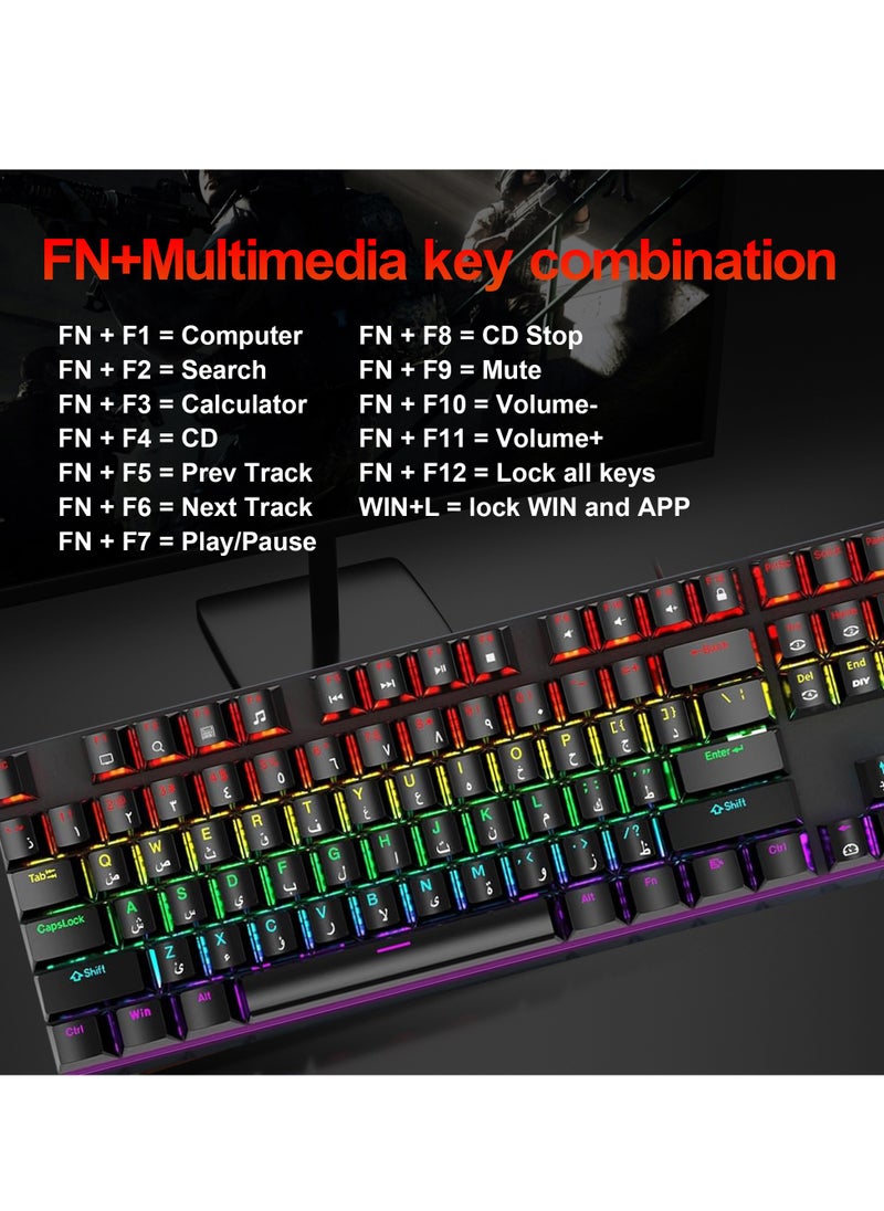 Generic - English Arabic Mechanical Gaming Keyboard with LED Backlit, 104 Keys Quick Response USB Interface E-sport Waterproof Wired Keyboard for Windows/MacOS/Android PC Gamers - Black - Image 1
