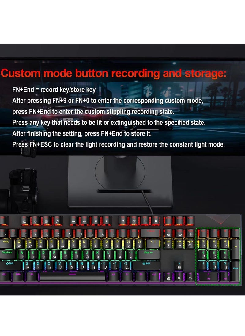 Generic - English Arabic Mechanical Gaming Keyboard with LED Backlit, 104 Keys Quick Response USB Interface E-sport Waterproof Wired Keyboard for Windows/MacOS/Android PC Gamers - Black - Image 1