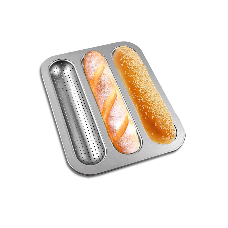 JSJMOFA Perforated Baguette Pan, Nonstick French Bread Pan, Carbon Steel 3 Cavity Baguette Mold, Long Loaf Toast Cake Mould Bakeware Baking Pans for Oven (Silver 1 Pack) - Image 1