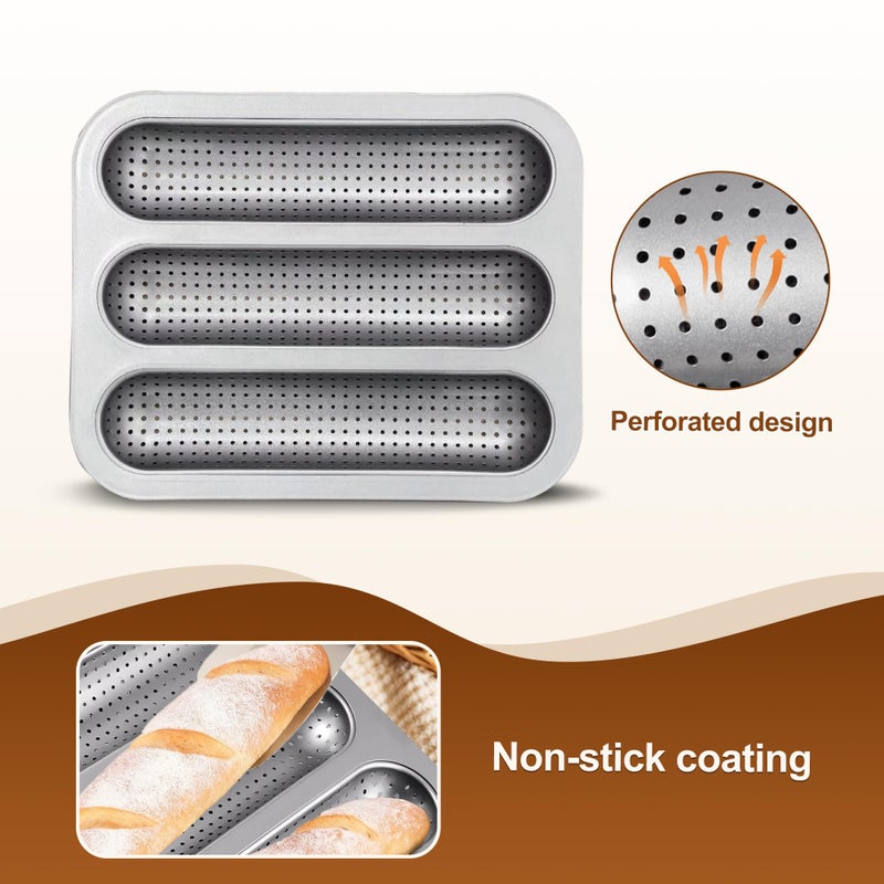 JSJMOFA Perforated Baguette Pan, Nonstick French Bread Pan, Carbon Steel 3 Cavity Baguette Mold, Long Loaf Toast Cake Mould Bakeware Baking Pans for Oven (Silver 1 Pack) - Image 4