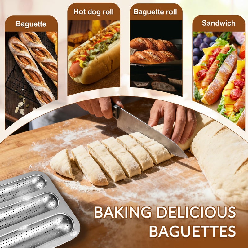 JSJMOFA Perforated Baguette Pan, Nonstick French Bread Pan, Carbon Steel 3 Cavity Baguette Mold, Long Loaf Toast Cake Mould Bakeware Baking Pans for Oven (Silver 1 Pack) - Image 5