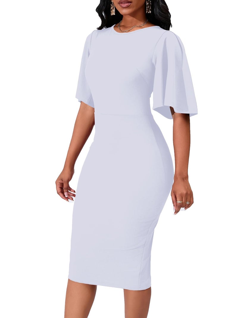 WanMem White Church Dress for Women Elegant Ruffle Short Sleeve Bodycon Knee Length Work Dress, White - Image 4