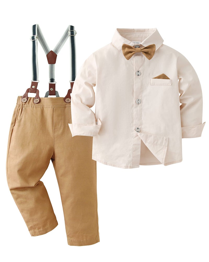 DISAUR Toddler Boy Wedding Guest Outfit Apricot Long Sleeve Brown Dress Shirt Bow Tie Suspender Pants Baby Formal Outfit Boy 3t 4t 3-4t - Image 1