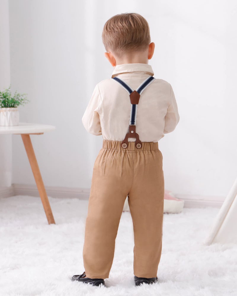 DISAUR Toddler Boy Wedding Guest Outfit Apricot Long Sleeve Brown Dress Shirt Bow Tie Suspender Pants Baby Formal Outfit Boy 3t 4t 3-4t - Image 4