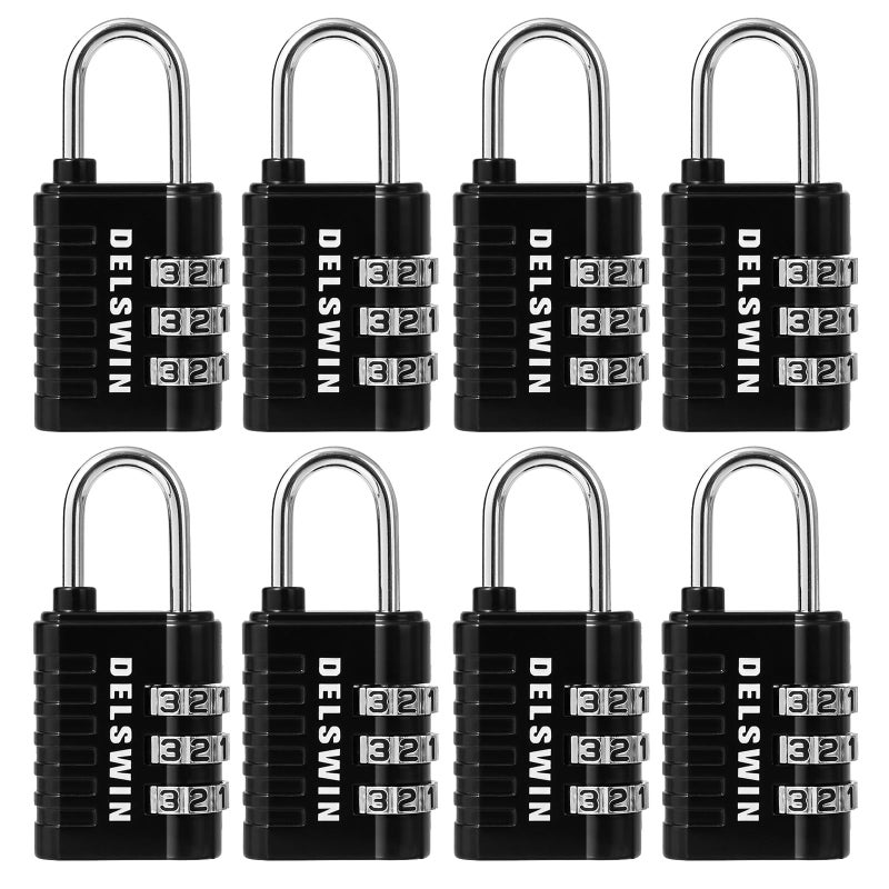 DELSWIN Combination Lock 3Digit Small Padlock 8Pcs Resettable Combo Lock for School Gym Locker Outdoor Fence Gate Waterproof Luggage Locks for Travel Backpack