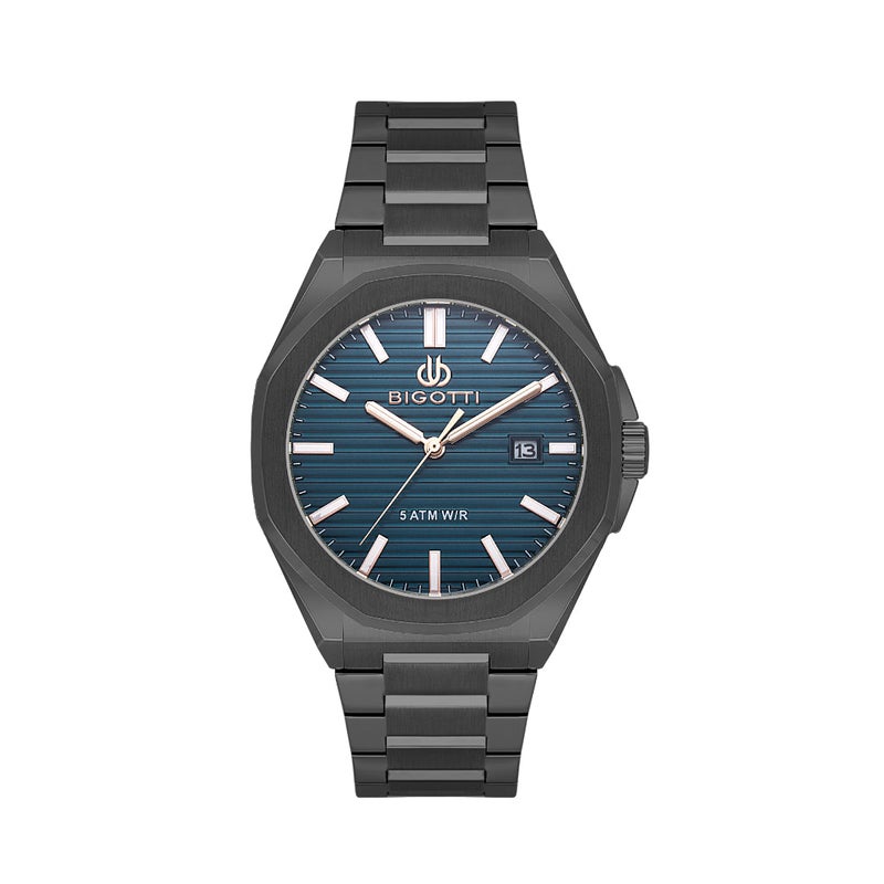 Bigotti Raffinato Black Stainless Steel Watch for Men BG.1.10680-5 - Blue Emboss Dial, 42mm Case, Japanese Quartz, Date Display, 50M Water Resistant, Mineral Glass - Image 1