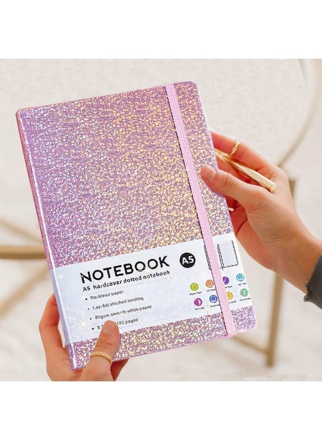A5 Pink Glitter Journal Notebook, Cute Bling Notebook Diary for School Writing with Leather Hardcover and Pen Holder - Image 1