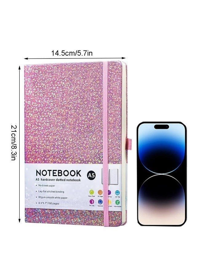 A5 Pink Glitter Journal Notebook, Cute Bling Notebook Diary for School Writing with Leather Hardcover and Pen Holder - Image 2