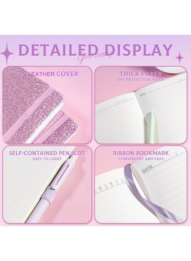 A5 Pink Glitter Journal Notebook, Cute Bling Notebook Diary for School Writing with Leather Hardcover and Pen Holder - Image 3