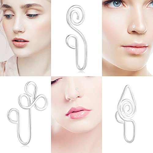Fzroezz 9 Pcs African Nose Cuff Non Piercing Fake Nose Ring Piercings 20 Gauge Clip on Surgical Stainless Steel Nose Rings Cuffs Pack for Women Men Non Pierced Nose Cute Set Unique Ethnic Indian Silver - Image 3