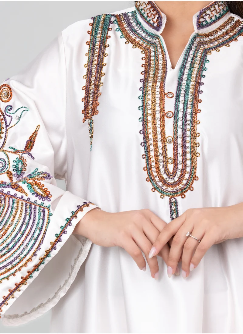 IKKXA Floral Printed Crystal Embroidery Jalabiya IK1012 White