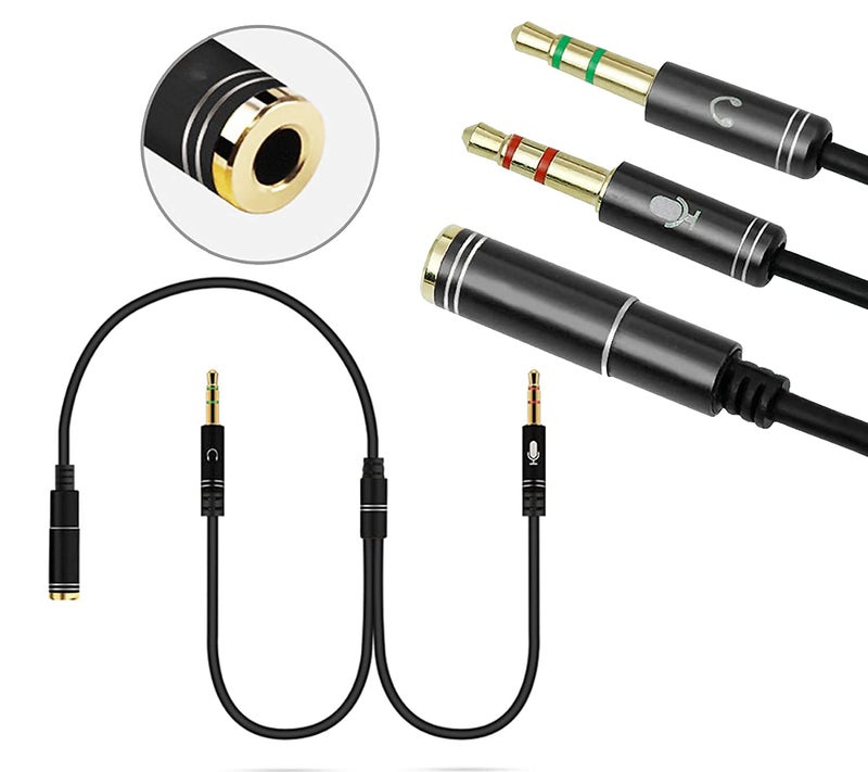 Printme� Gold Plated 2 Male to 1 Female 3.5mm Audio Mic Splitter Headphone Earphone Mic Audio Y Splitter Cable for PC Laptop � Black - Image 2