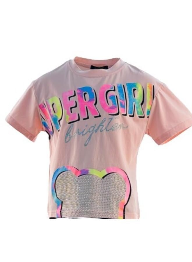 جوانا "22KY067B تي شيرت قصير الأكمام بقلنسوة جولة وطباعة سوبر غير للفتيات - لون خوخي" - Image 2