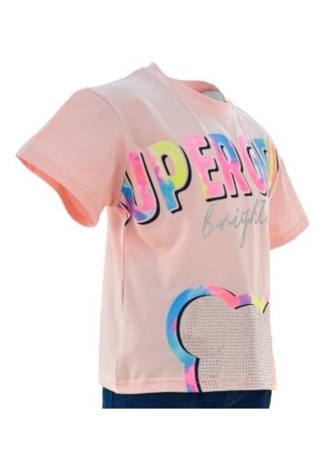 جوانا "22KY067B تي شيرت قصير الأكمام بقلنسوة جولة وطباعة سوبر غير للفتيات - لون خوخي" - Image 4