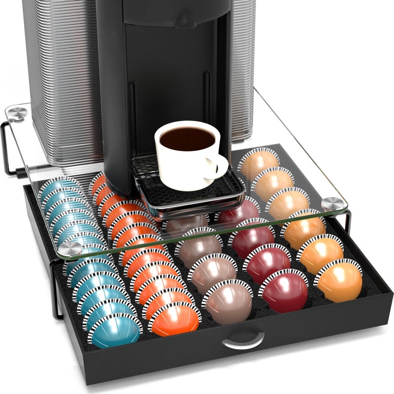 Deco Brothers DecoBrothers Crystal Tempered Glass Vertuo Pod Holder Drawer, 30 Large or 60 Small Nespresso Capsule Organizer, Black - Image 1