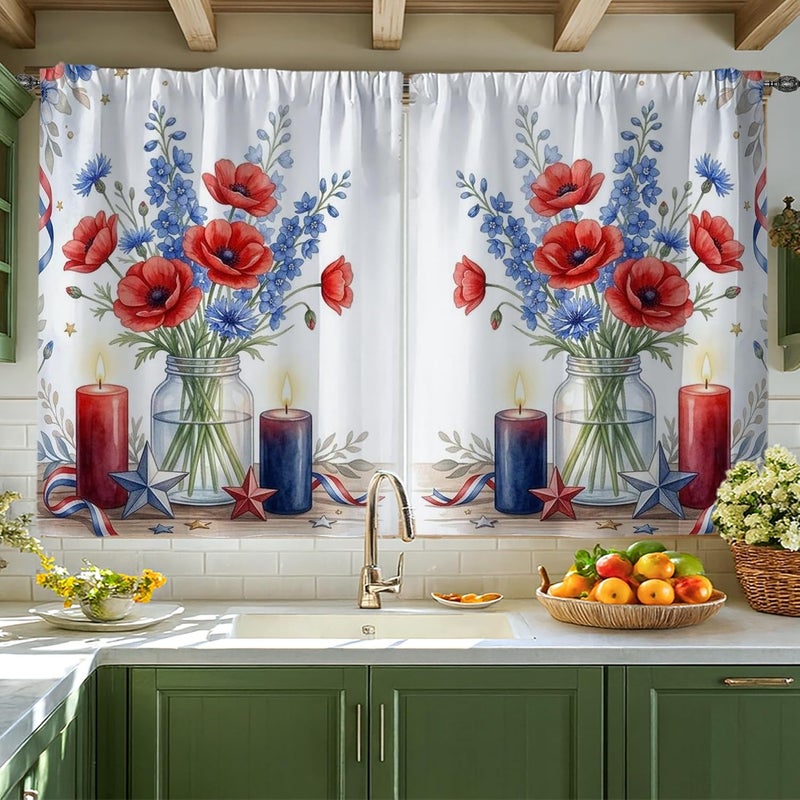 Poppy Kitchen Curtains, Traditional Rustic Bluebell Candle Summer Red Kitchen Drapes for Windows Window Decoration for Sink Area Dining Room Bathroom 42x45 Inch - Image 1