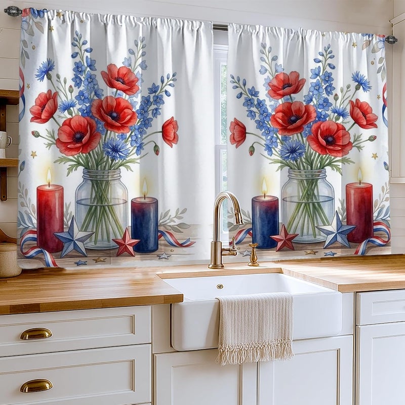 Poppy Kitchen Curtains, Traditional Rustic Bluebell Candle Summer Red Kitchen Drapes for Windows Window Decoration for Sink Area Dining Room Bathroom 42x45 Inch - Image 2