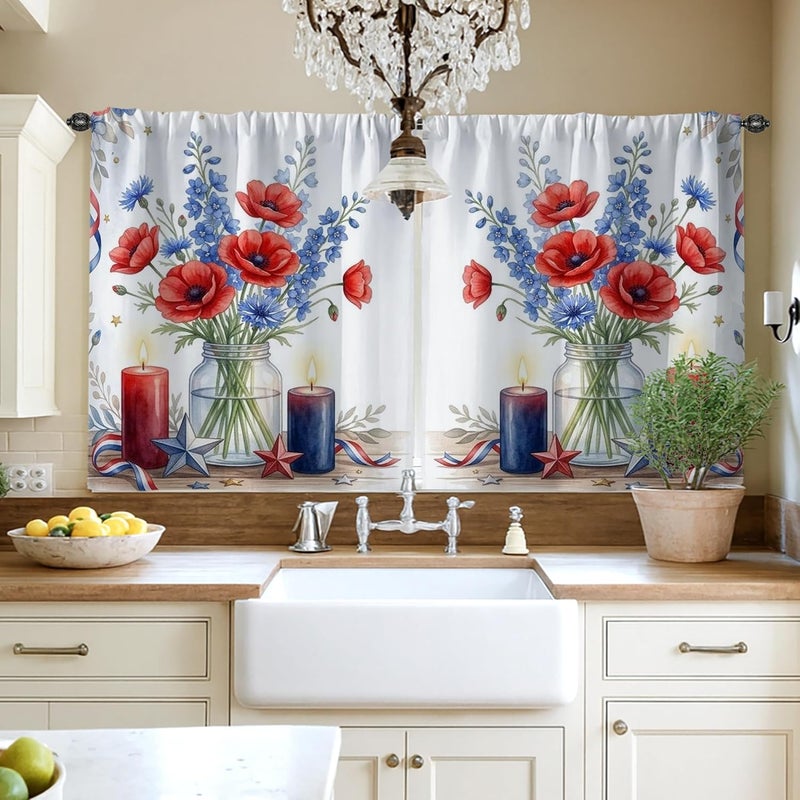 Poppy Kitchen Curtains, Traditional Rustic Bluebell Candle Summer Red Kitchen Drapes for Windows Window Decoration for Sink Area Dining Room Bathroom 42x45 Inch - Image 4