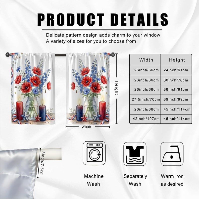 Poppy Kitchen Curtains, Traditional Rustic Bluebell Candle Summer Red Kitchen Drapes for Windows Window Decoration for Sink Area Dining Room Bathroom 42x45 Inch - Image 3
