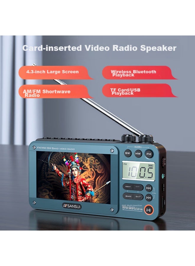 Sansui راديو M33 لكبار السن، قابل لإعادة الشحن، قابل لإدخال بطاقة، فيديو، مكبر صوت صغير، محمول، مشغل صوت شخصي، ضبط FM، راديو بث، مكبر صوت بلوتوث، مشغل موسيقى، أزرق - Image 1