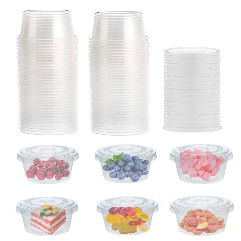 Surflyee 50 Pack Plastic Containers with Lids 150ML Leakproof Small Plastic Pots for Takeaway Food Dip Soup Salad Condiment