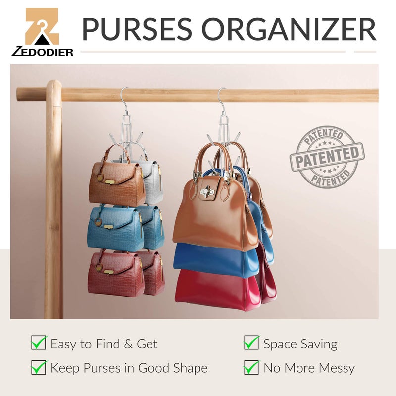 ZEDODIER Purse Organizer for Closet, 2 Pack Purse Hanger with 12 Hooks, Space Saving Handbag Organizer Bag Holder Backpack Rack Holds Multiple Purses, Metal Closet Organizers and Storage, Silver - Image 2