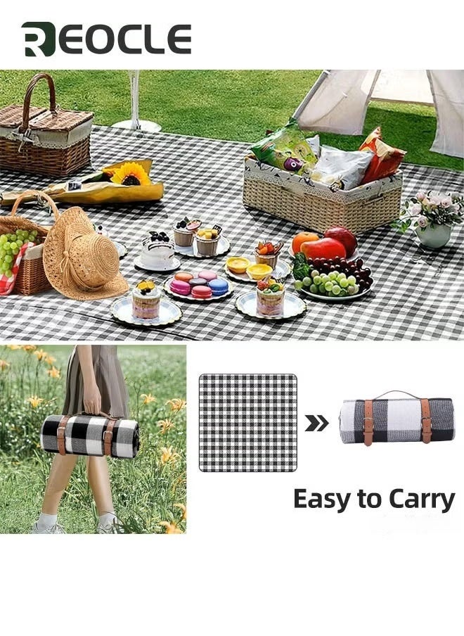REOCLE Plaid Picnic Blanket 200 * 200cm Extra Large Waterproof and Foldable 3-Layer Outdoor Blanket for 6 to 8 Adults for Camping Park Beach Grass Indoors - Image 4