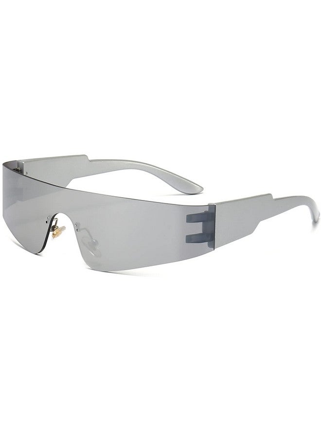 AIEYEZO Modern Fashion Rimless Futuristic Wrap Around Sunglasses Women Men Cyberpunk Visor Sun Glasses Trendy Future Shades (Silver/Silver Mirrored) - Image 1