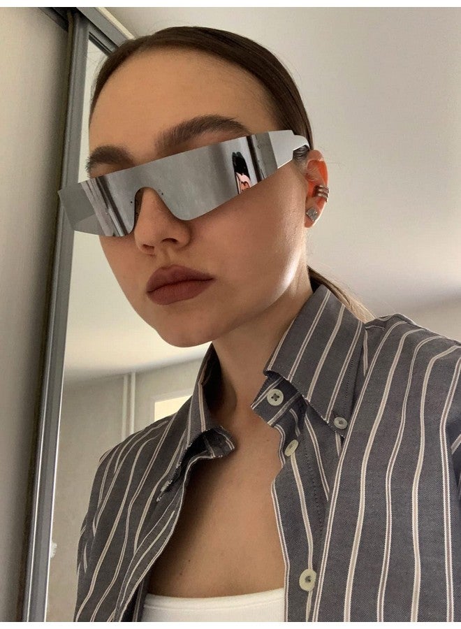 AIEYEZO Modern Fashion Rimless Futuristic Wrap Around Sunglasses Women Men Cyberpunk Visor Sun Glasses Trendy Future Shades (Silver/Silver Mirrored) - Image 3