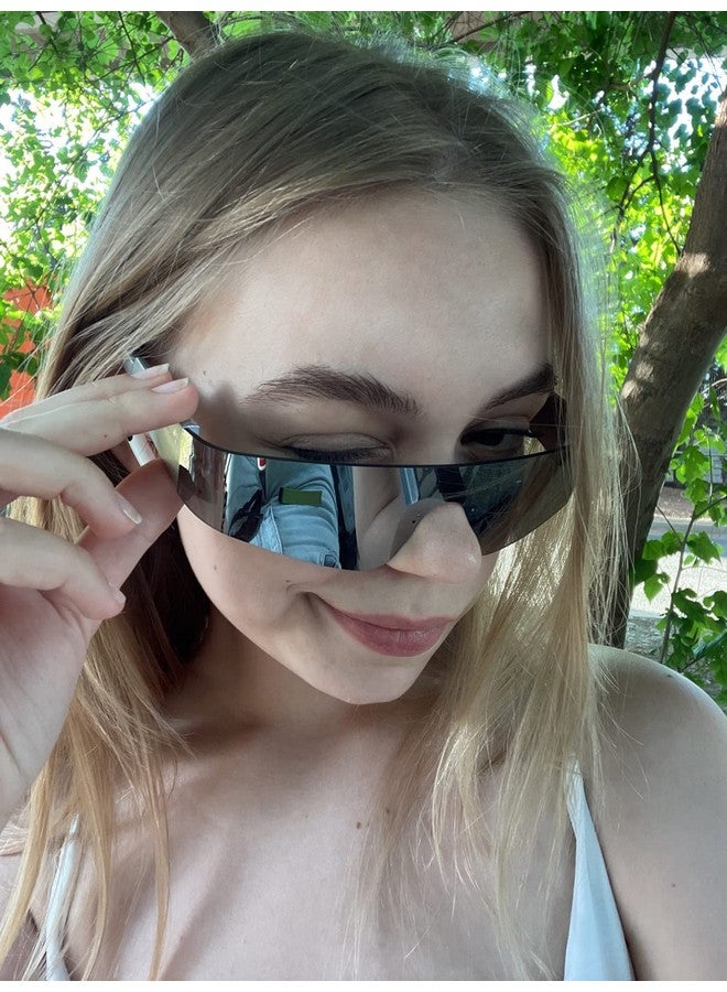 AIEYEZO Modern Fashion Rimless Futuristic Wrap Around Sunglasses Women Men Cyberpunk Visor Sun Glasses Trendy Future Shades (Silver/Silver Mirrored) - Image 5