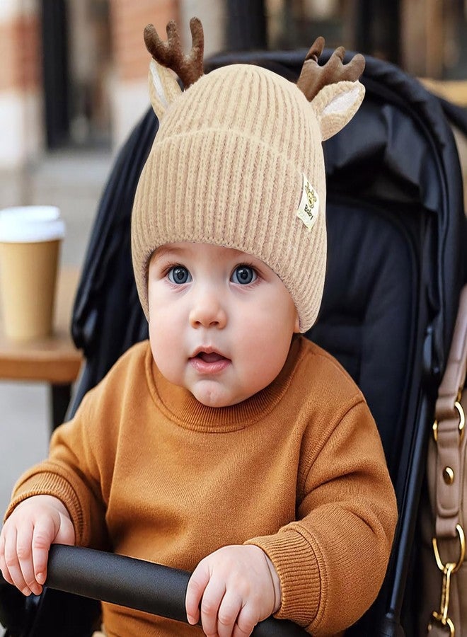 قبعة شتوية للأطفال الصغار من Piewag، قبعة كروشيه لطيفة على شكل قرون غزال الرنة، قبعة عيد الميلاد دافئة للأطفال الرضع والأولاد والبنات، لون بيج - Image 3