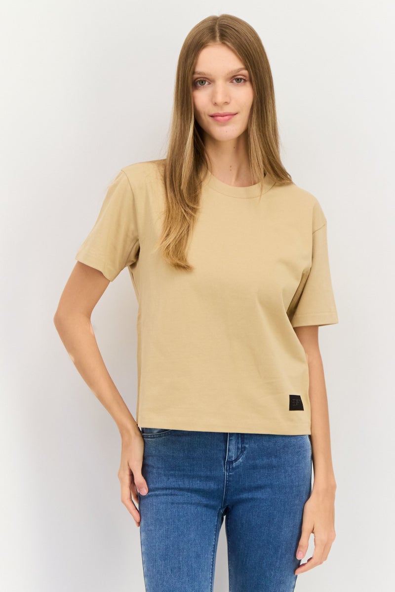 ESPRIT Women Crew Neck Short Sleeve Solid T-Shirt, Dark Beige - Image 1