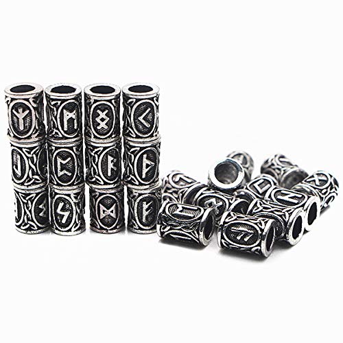 Eshylala 24 Pieces Norse Viking Rune Beads Antique Style DIY Accessories for Hair Beard Pendant Bracelet Making Vintage Metal Craft Beads Suitable for Men Women Handmade Jewelry Hair Decor - Image 1