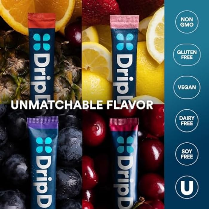 DripDrop Hydration Packets - Juicy Variety Pack - Single Serve Electrolytes Powder Drink Mix - Grape, Fruit Punch, Strawberry Lemonade, Cherry - Non-GMO, Gluten Free, Vegan - 16 Sticks - Image 5