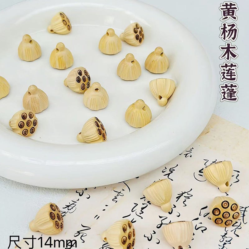 Chenxing wholesale boxwood carving Lotus keychain accessories mobile phone pendant Buddha beads bracelet Lotus handmade fine repair About 1.4 boxwood carving Lotus canopy 