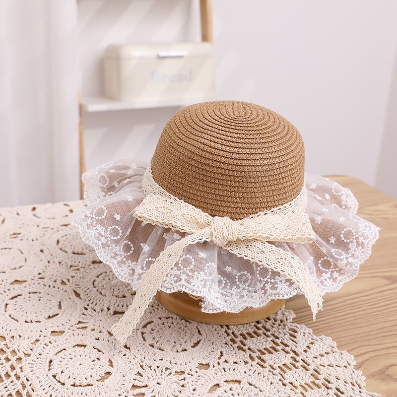 Kids Summer Lace Wide Brim Straw Hat with Breathable Ribbon  Bow Pink bag  - Image 4