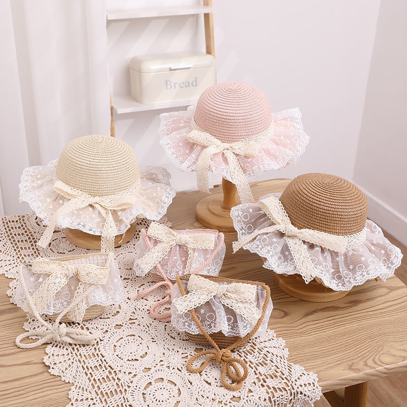 Kids Summer Lace Wide Brim Straw Hat with Breathable Ribbon  Bow Pink bag  - Image 5