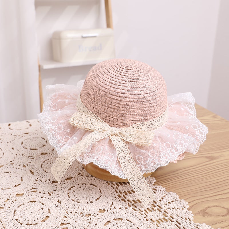 Kids Summer Lace Wide Brim Straw Hat with Breathable Ribbon  Bow Pink bag  - Image 2