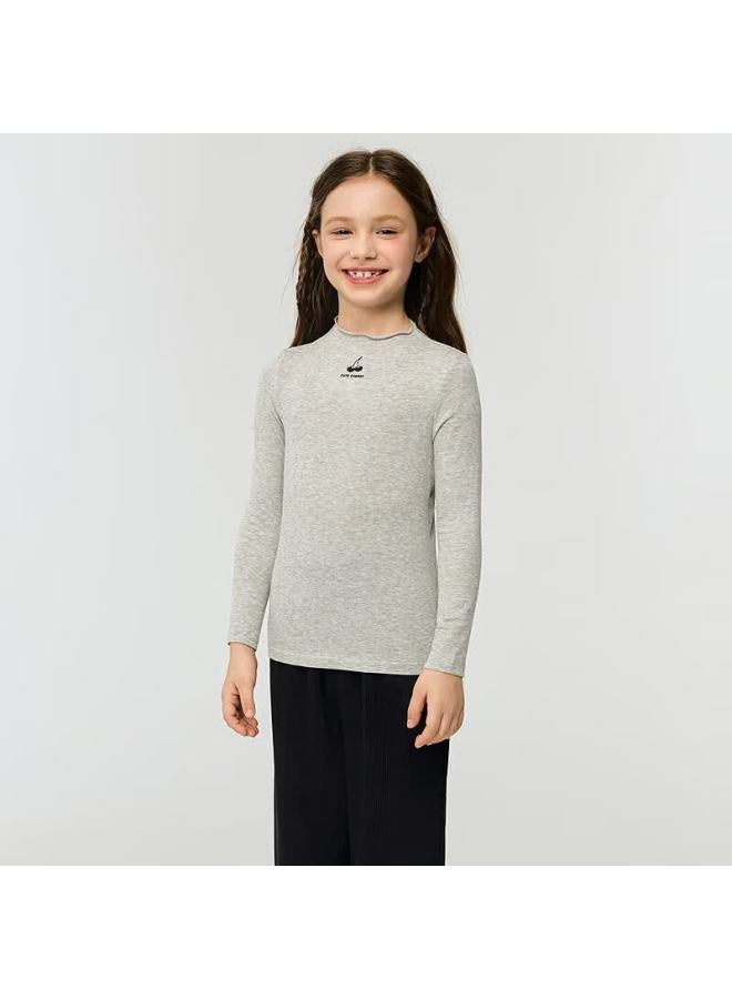 Aimer Kids Girls' Autumn Winter Thin Milk Skin Long Sleeve T-shirt New Puff Collar - Gray 130 - Image 1